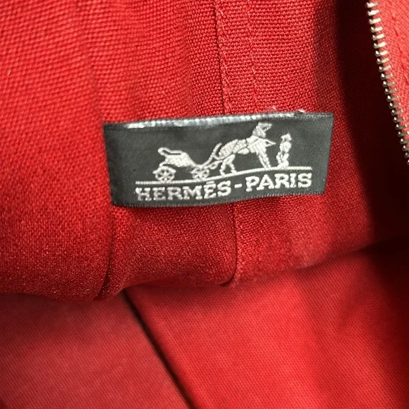 Hermes vintage heavy canvas tote rare red with white detail - Picture 12 of 13
